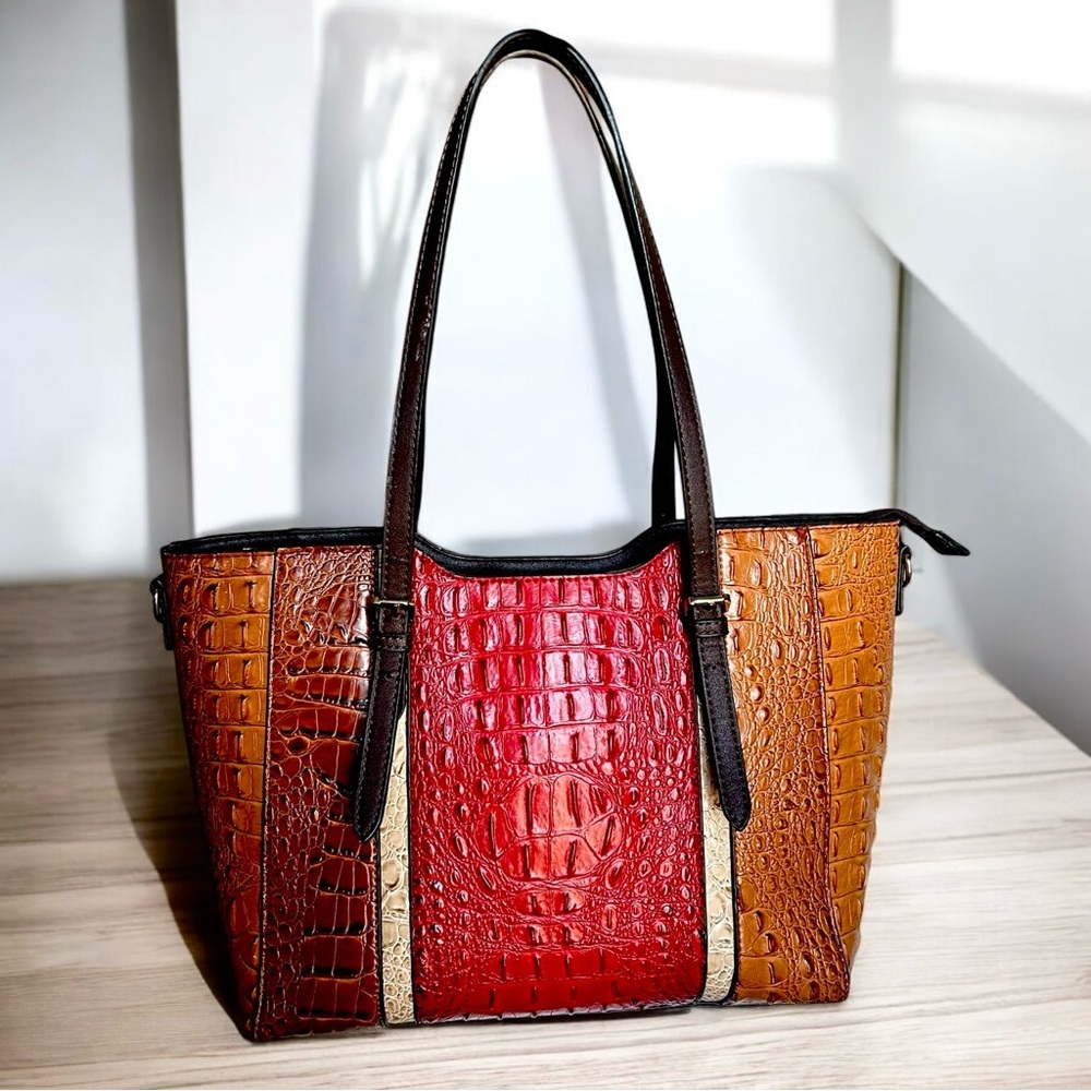 Tri-Color Faux Croc Embossed Tote Bag Red Brown Cream